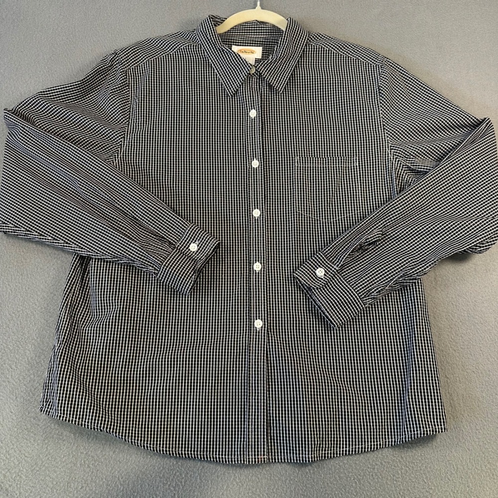 Talbots Black White Gingham Check Cotton Button Down Shirt Large Long Sleeve